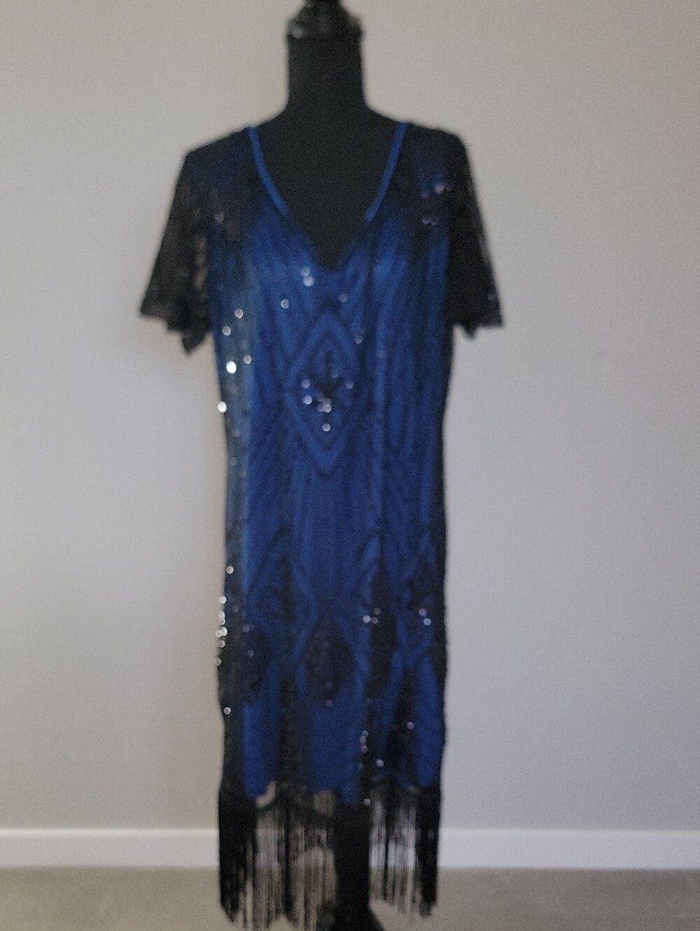 Beaded Blue Fringe Cocktail, Flapper, 1920's Dress (Salsa, Cha Cha) - Picture 2 of 10